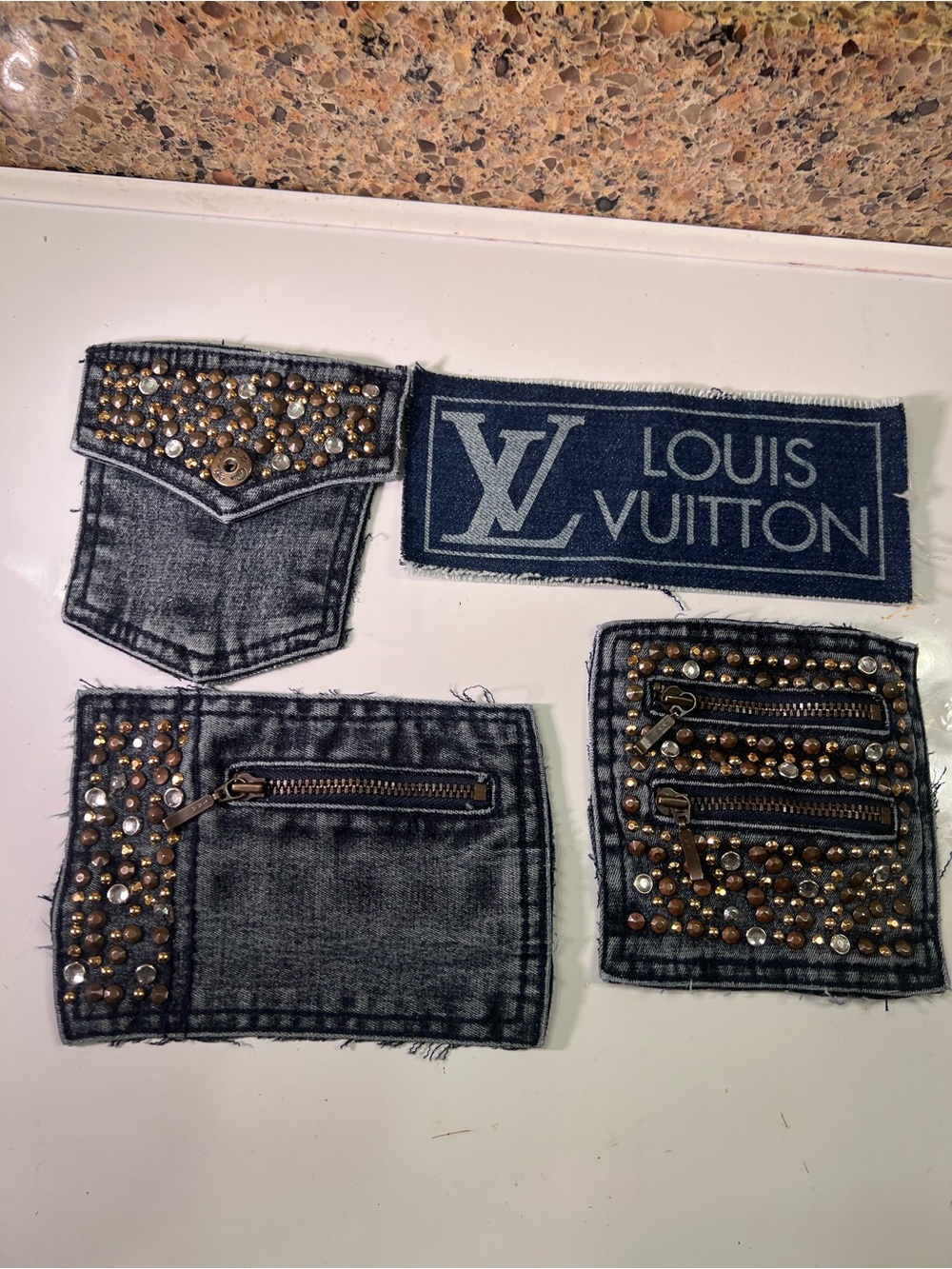 Denim Embellished Patch Set (4) in Blue and Gold, Sew to Jeans & Jackets
